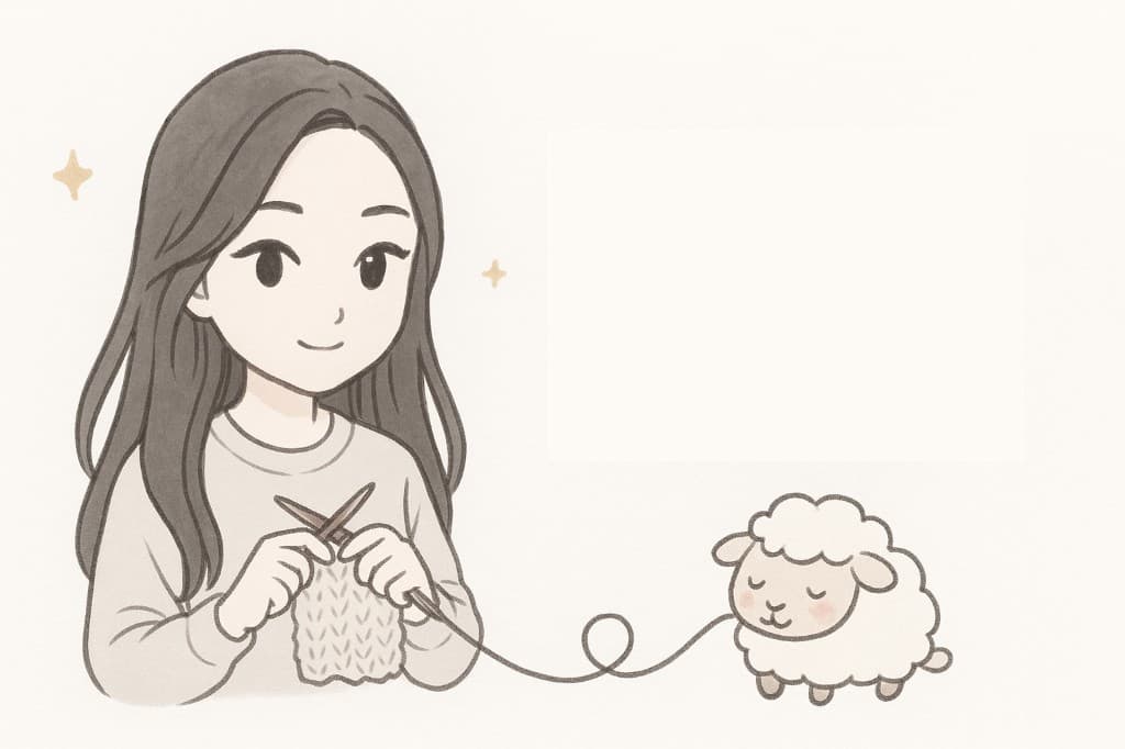 Illustration of Alice knitting, connected by yarn to a sheep